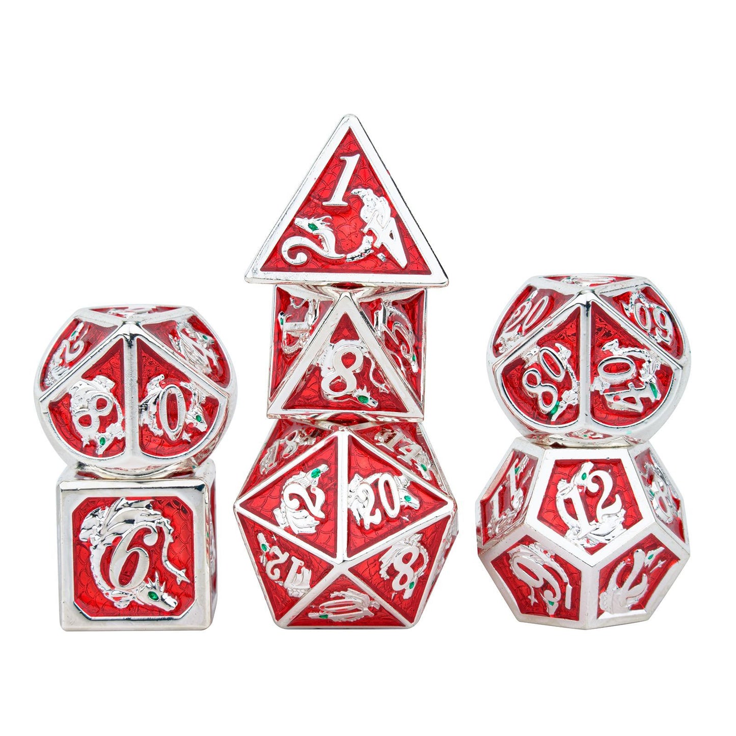 Silver Ruby enamel solid metal dragon dice set