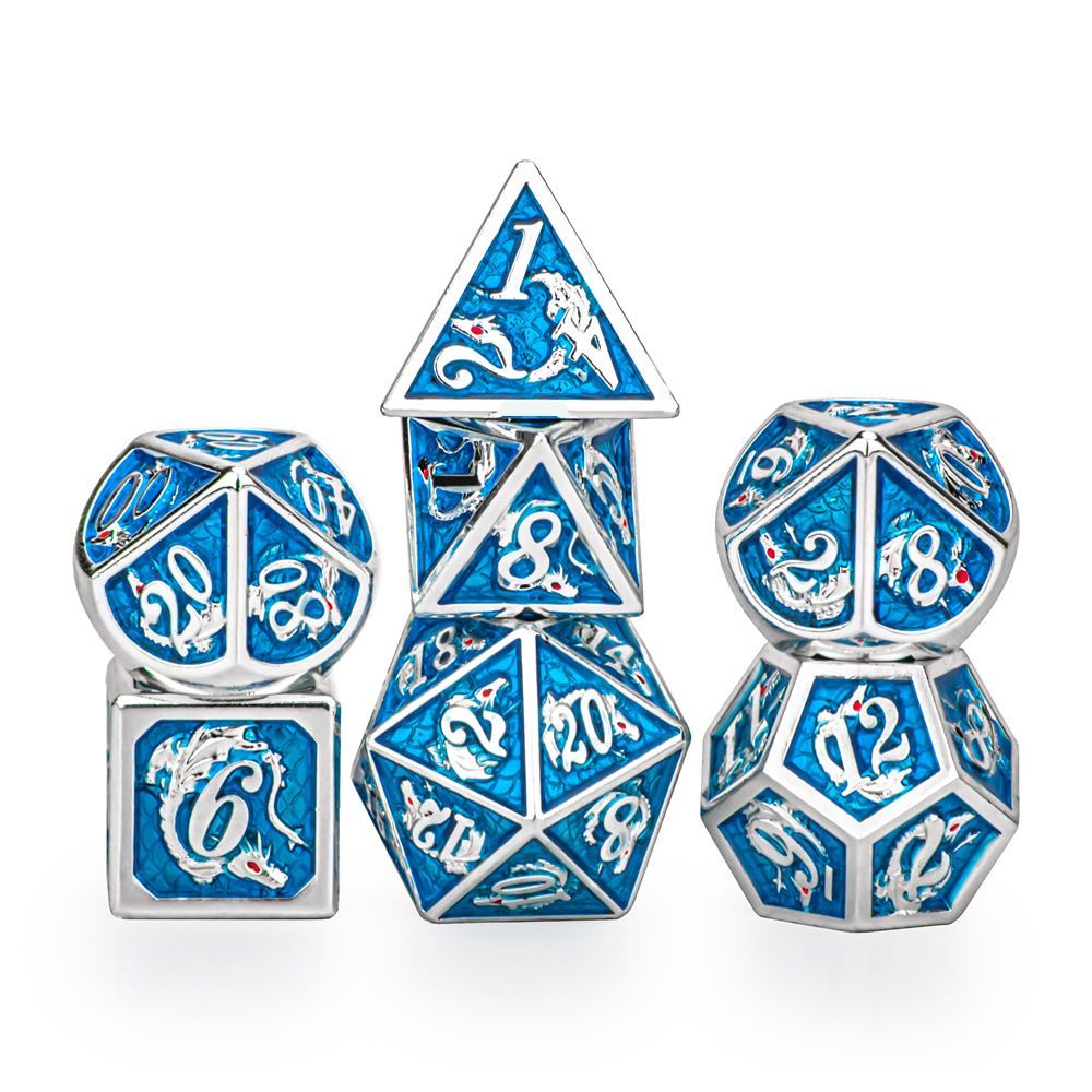 Silver Aquamarine hand painting solid metal dragon dice - HYMGHO Dice