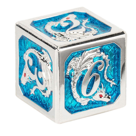 Silver Aquamarine hand painting solid metal dragon dice - HYMGHO Dice