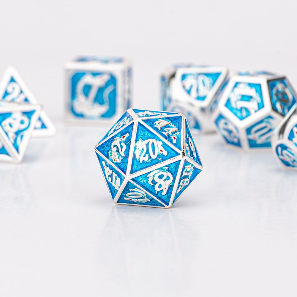 Silver Aquamarine hand painting solid metal dragon dice - HYMGHO Dice