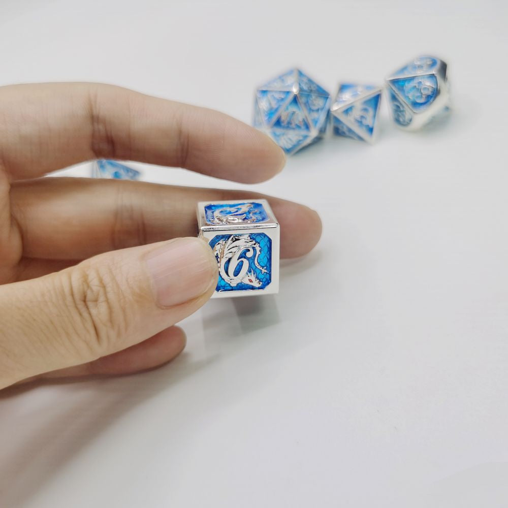 Silver Aquamarine hand painting solid metal dragon dice - HYMGHO Dice