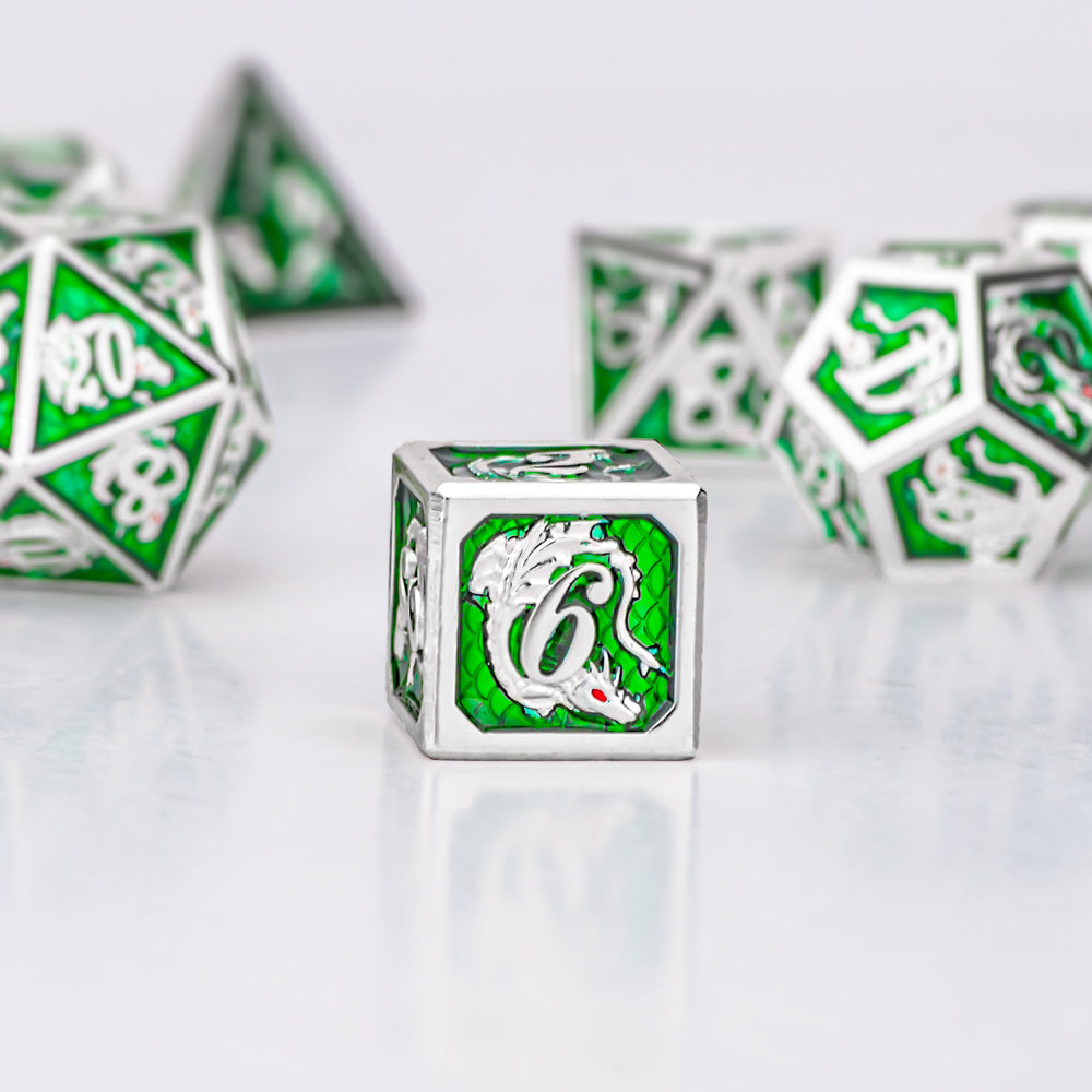 Silver Emerald painting dragon metal dice - HYMGHO Dice