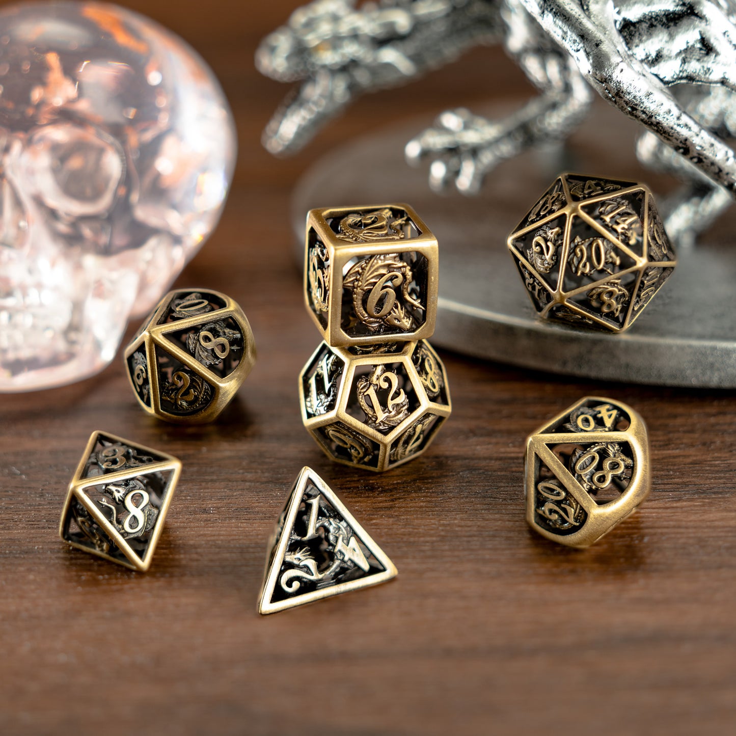 Handmade ancient old hollow dragon cage dice set for RPG games - HYMGHO Dice