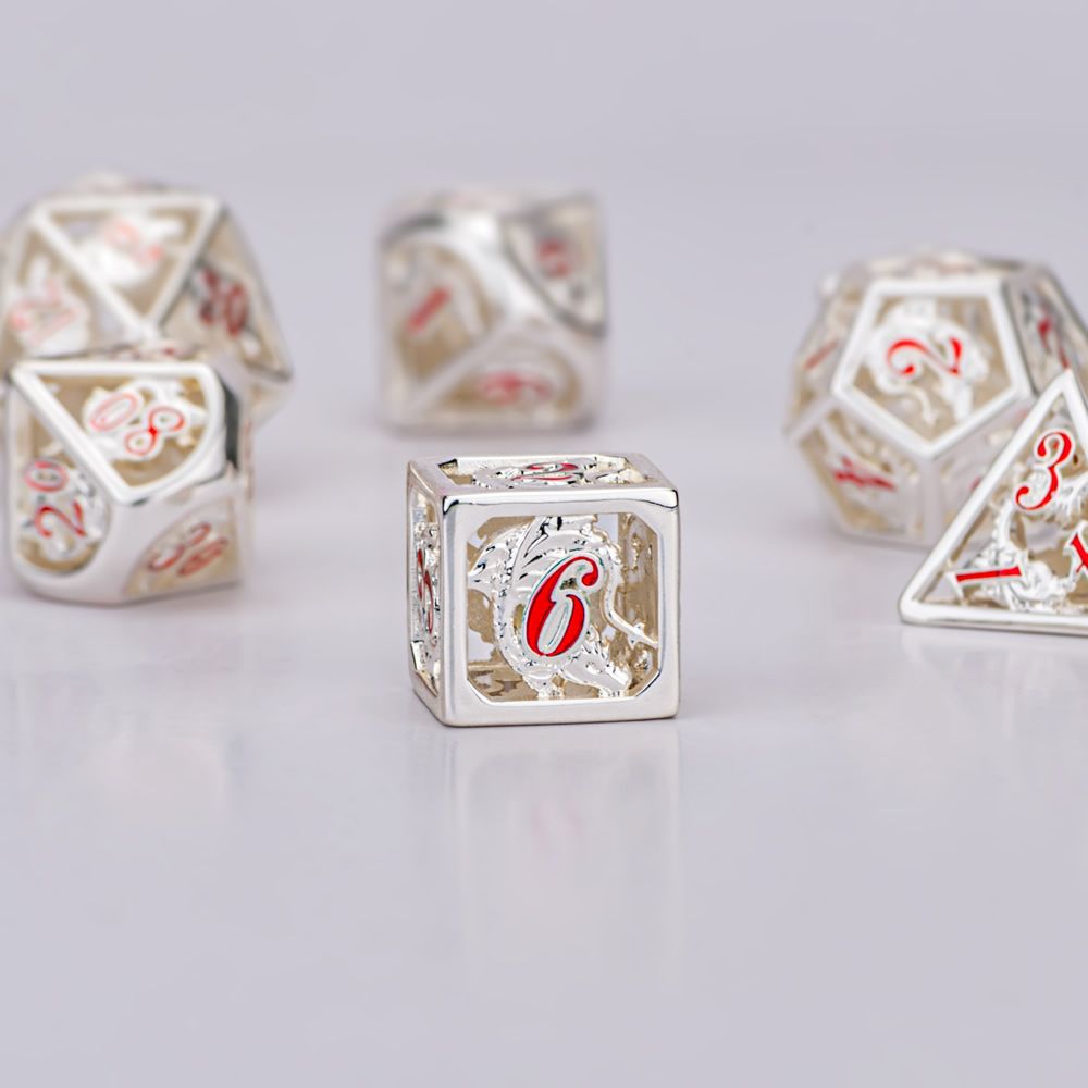 Shinny Silver Hollow Dragon Dice with hand painting for RPG DND dice set - HYMGHO Dice