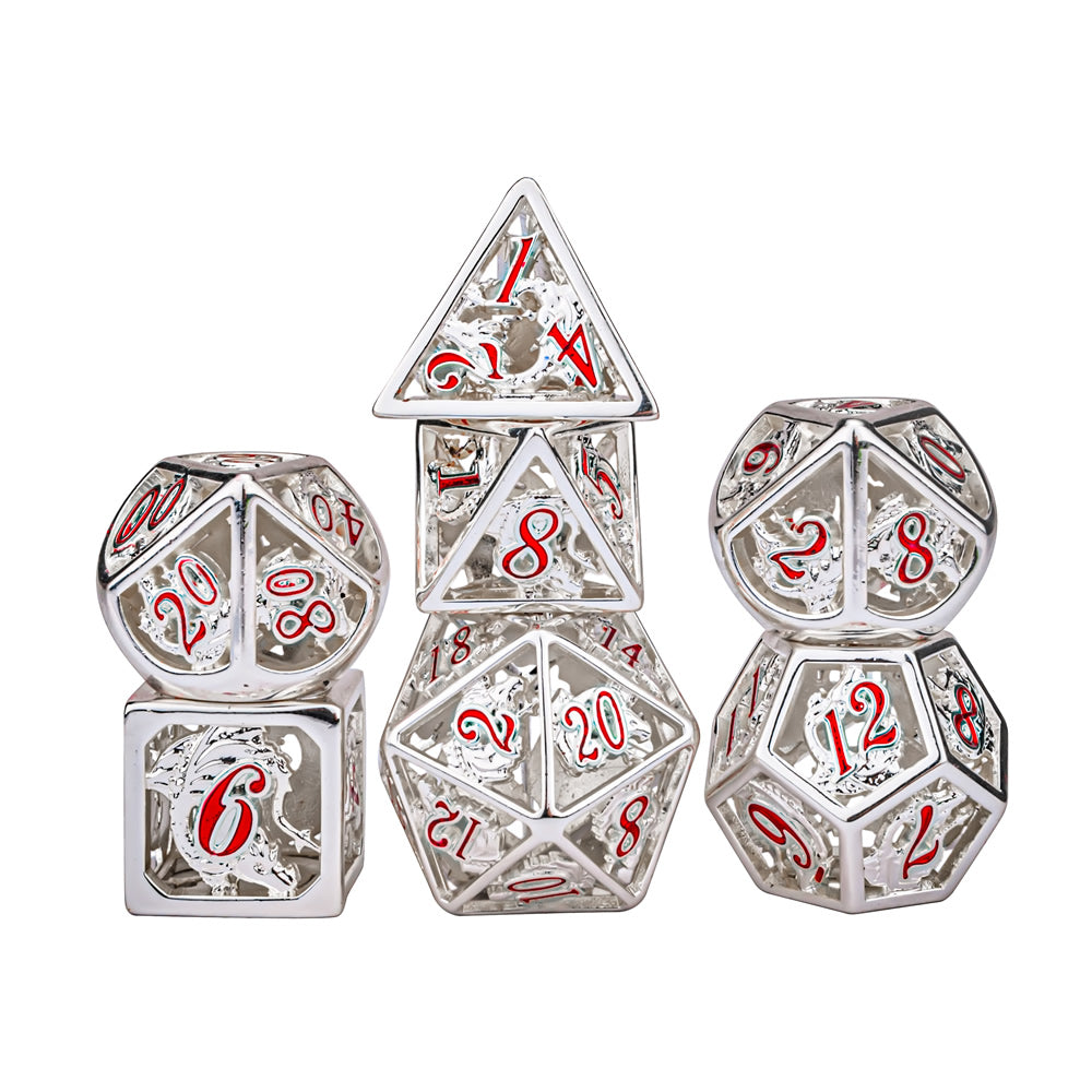 Shinny Silver Hollow Dragon Dice with hand painting for RPG DND dice set - HYMGHO Dice
