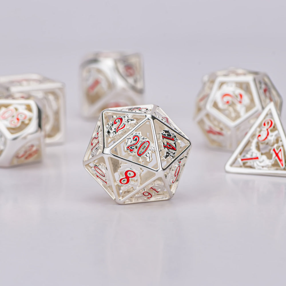 Shinny Silver Hollow Dragon Dice with hand painting for RPG DND dice set - HYMGHO Dice