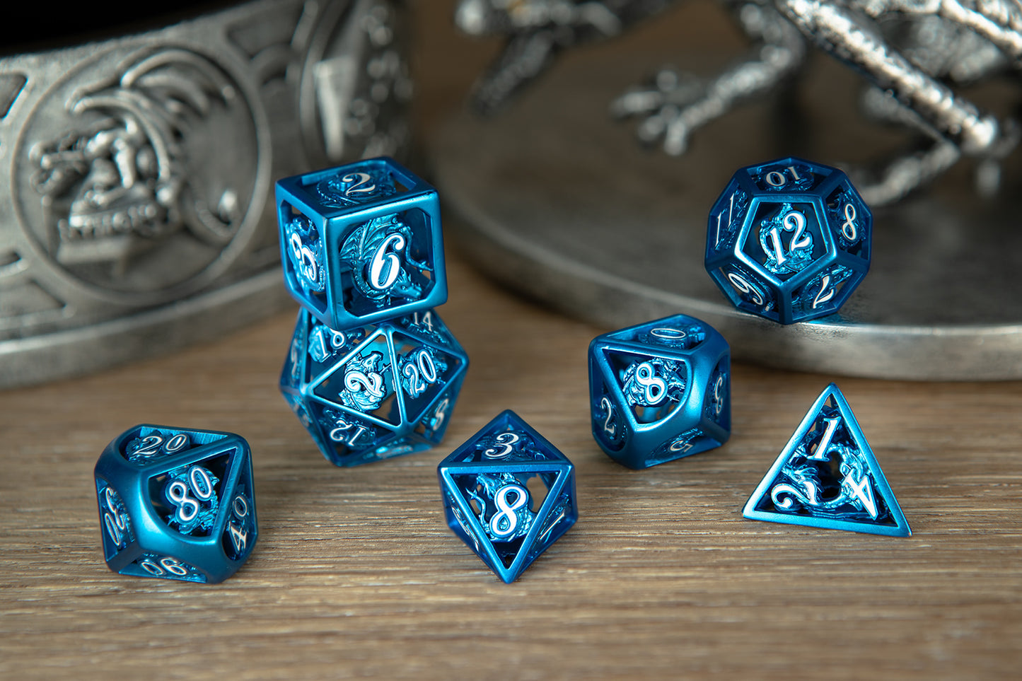 Peacock Blue w/ White hollow dragon dice set for D&D - HYMGHO Dice