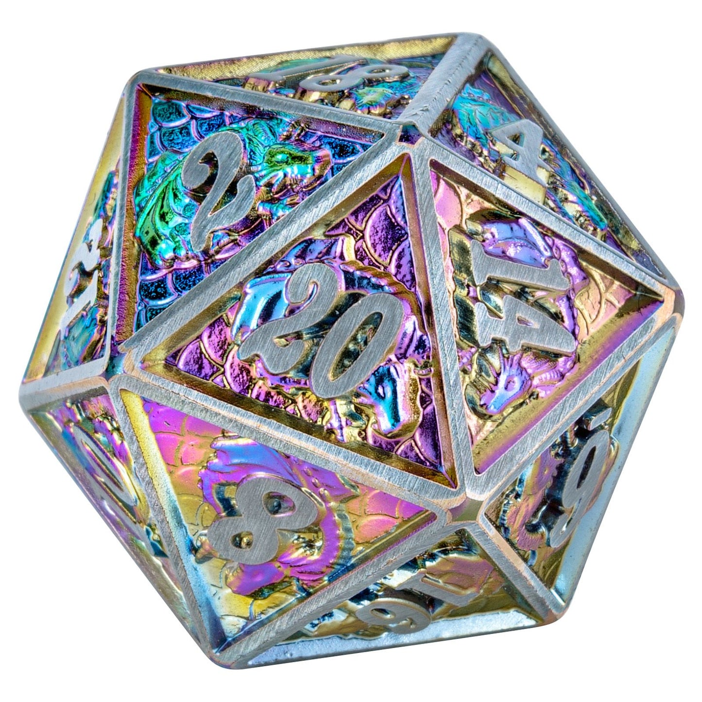 Brushed Rainbow Single Solid Metal Dragon D20 die - HYMGHO Dice