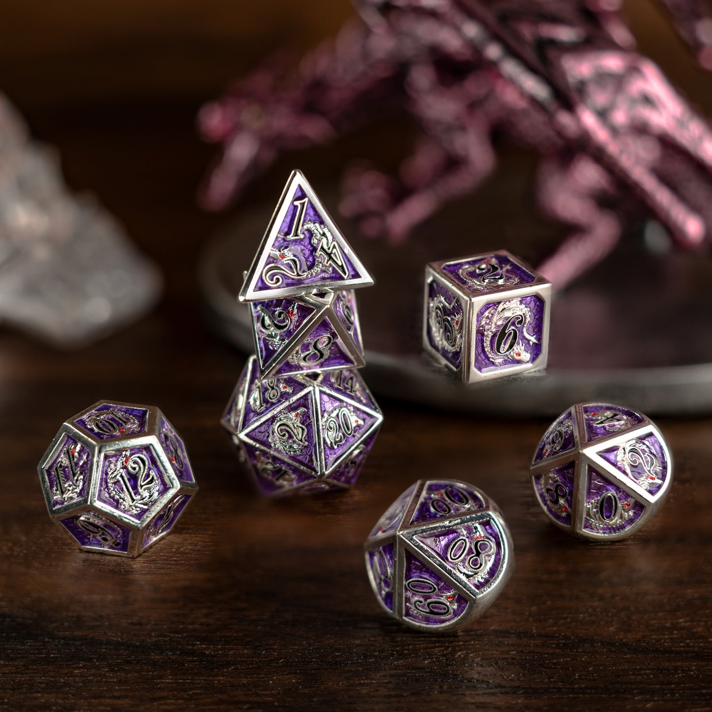 Silver amethyst with black digits hand painting dragon metal dice - HYMGHO Dice