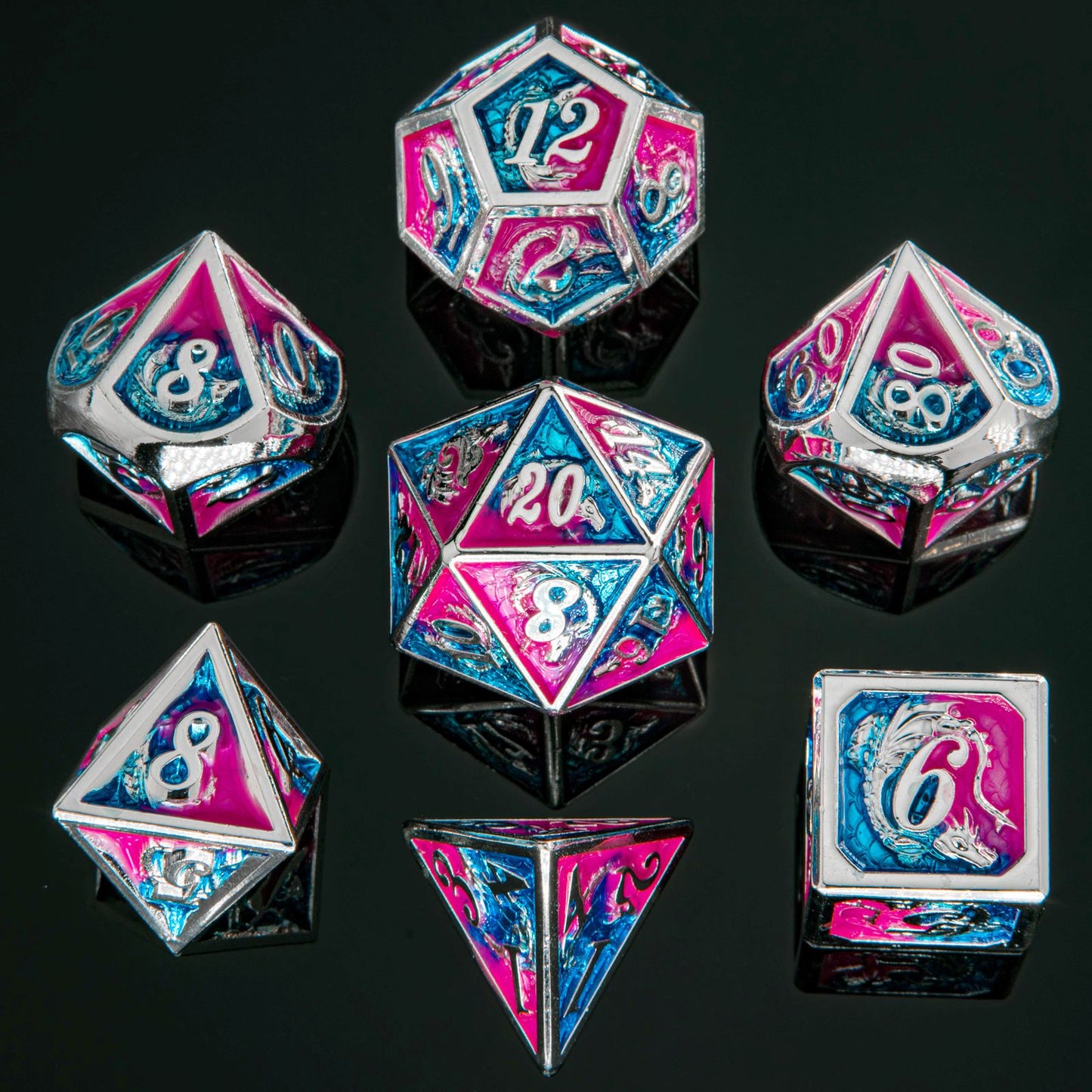 Silver w/Pink& Blue dragon dice set for RPGs