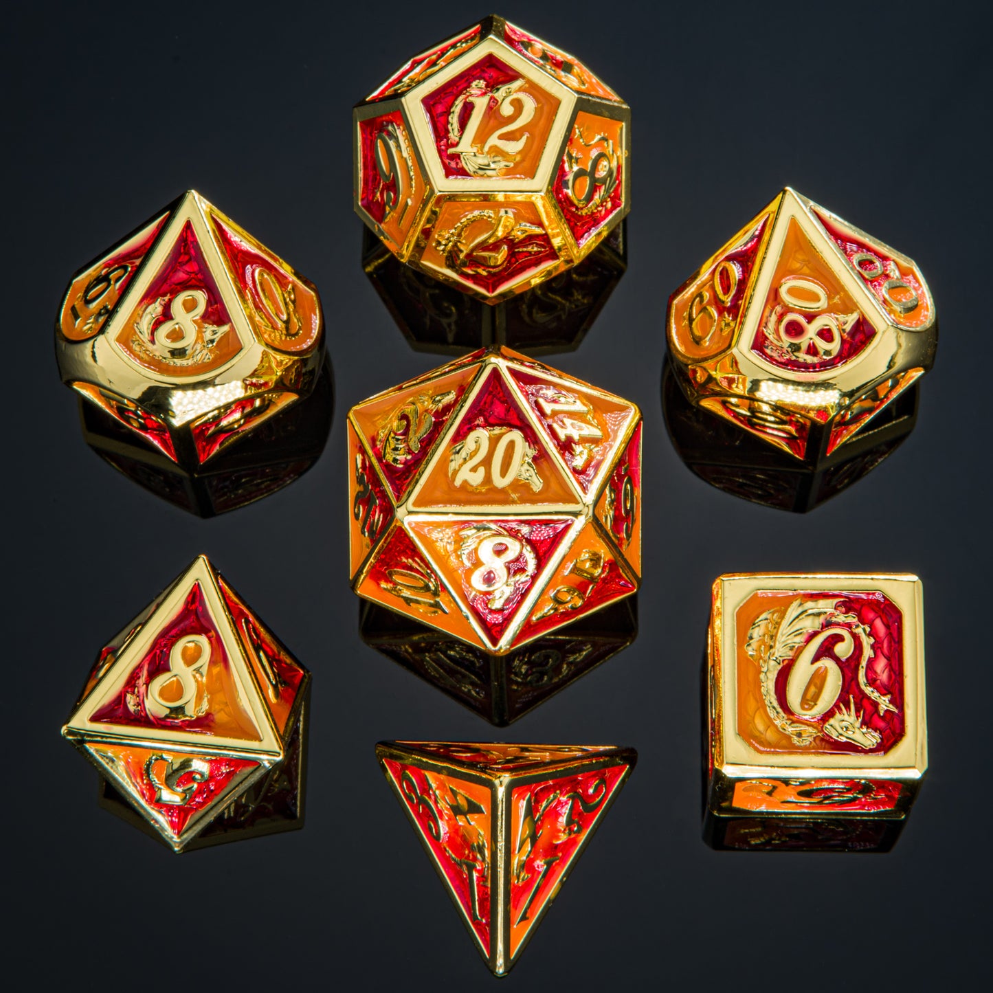Gold w/Red& Orange dragon dice set for RPGs