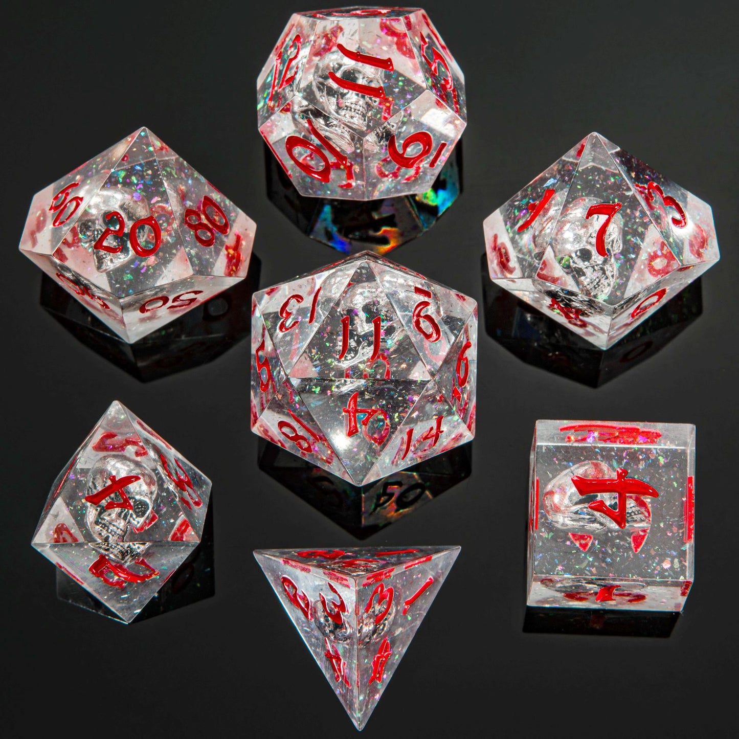 Sharp Edged Dice Set with Metal Black Skulls Inclusion