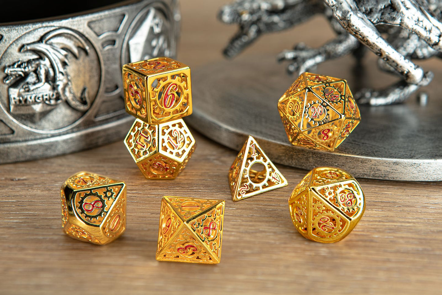 Gold handcrafted hollow steampunk gear cage dice for DnD games - HYMGHO Dice