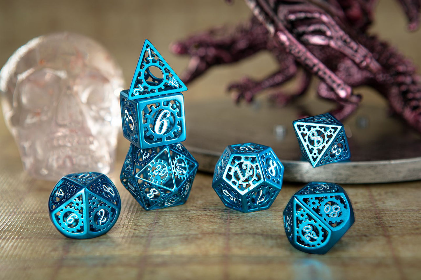 Peacock blue dnd dice set with hollow steampunk gear cage design - HYMGHO Dice
