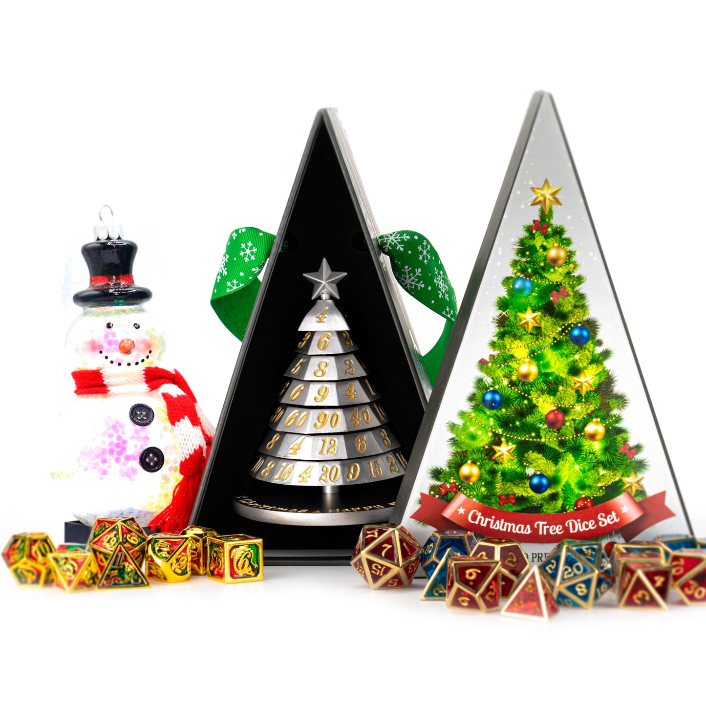 Metal Christmas Tree 7 Dice Set-Silver snow