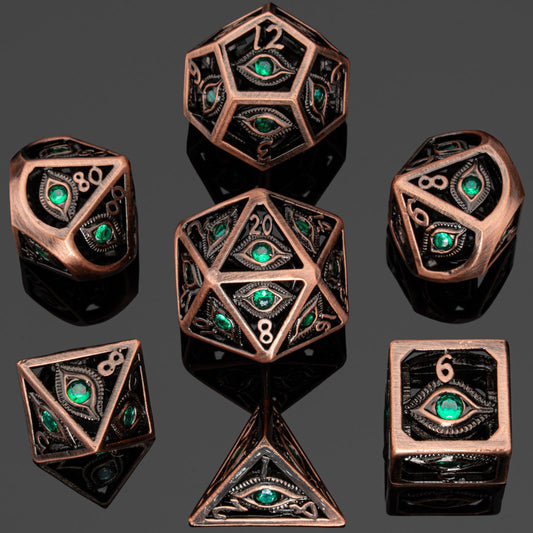 Ancient Copper with Emerald Green Gems Dragon's Eye Hollow Metal Dice set