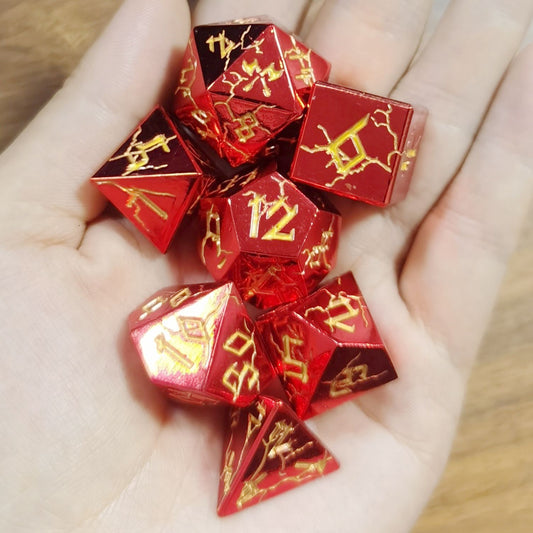 Metal Solid Barbarian Dice Set-Shiny Red w/Gold