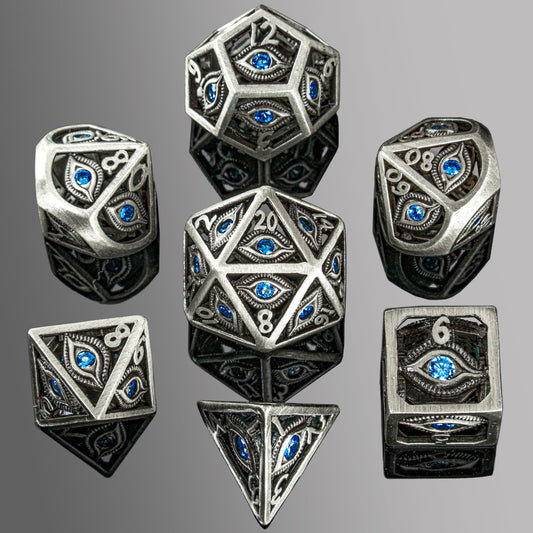 Ancient Silver with Blue Gems Dragon Eye dice set