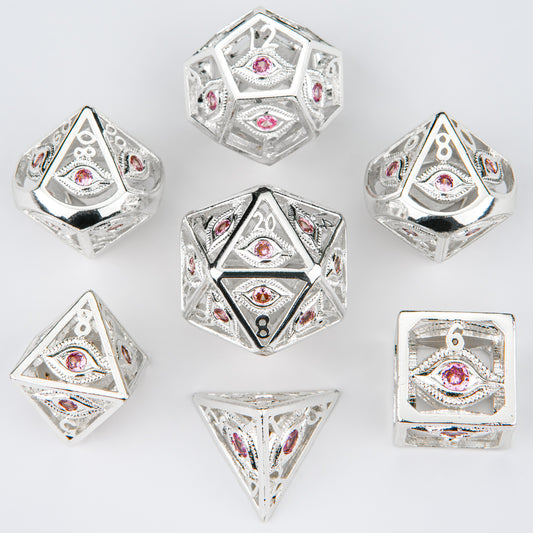 Shiny Silver with Pink Gems Dragon's Eye Hollow Metal Dice set