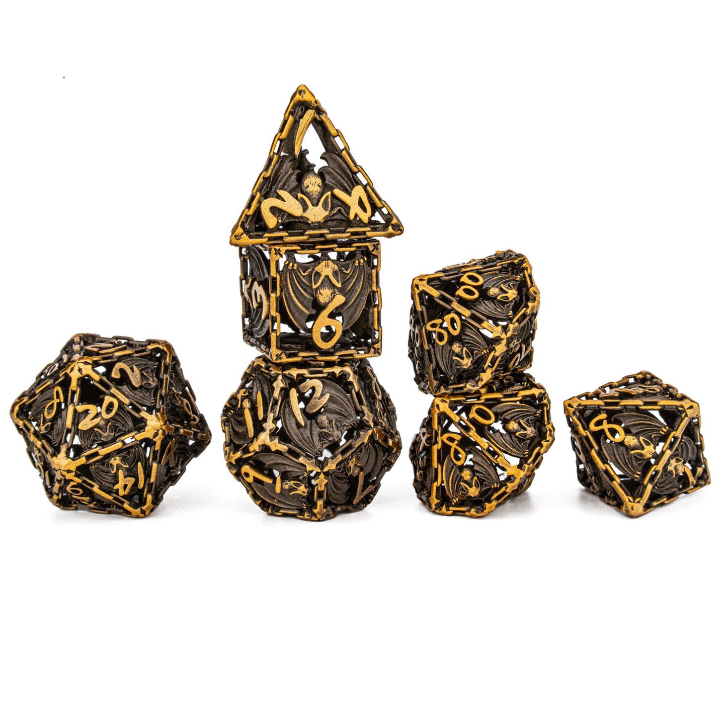 Ancient Gold Hollow Bat RPG Dice Set