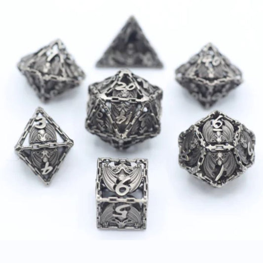 Ancient Silver Hollow Metal Bat RPG Dice Set