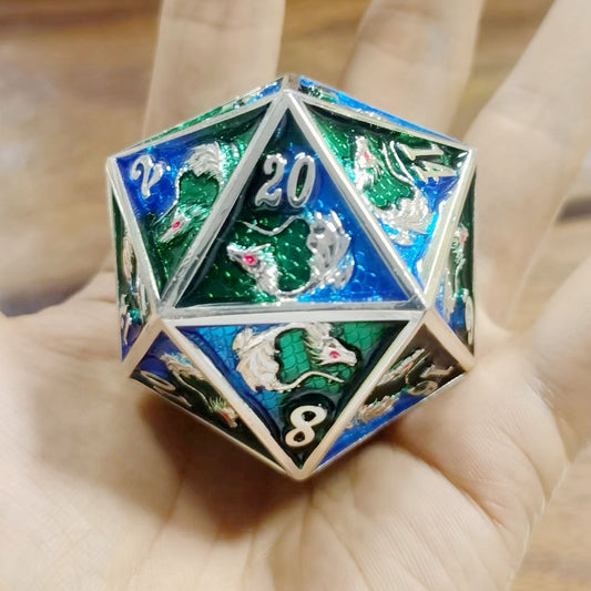 45MM ソリッドメタル ドラゴン チョンク D20-シルバー グリーン&ブルー付き