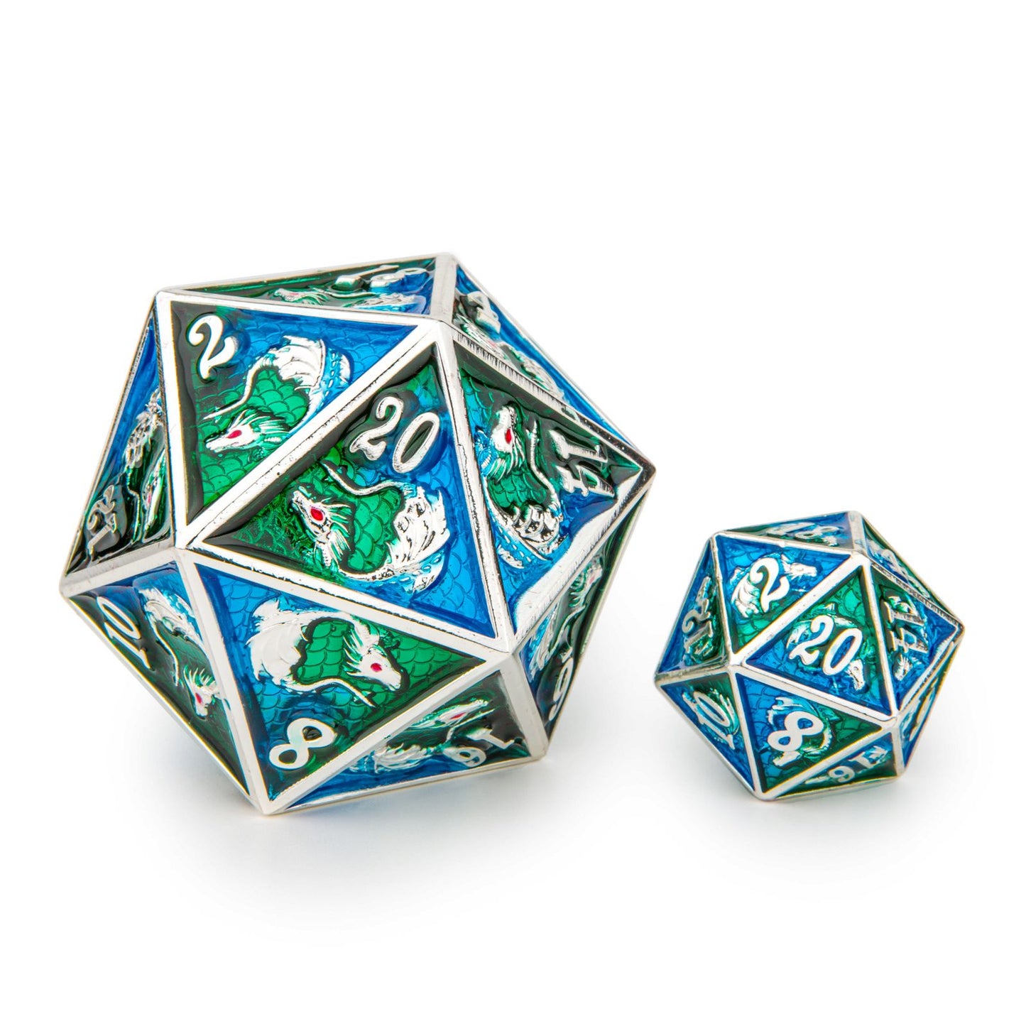 45MM Solid Metal Dragon Chonk D20-Silver w/Green& Blue