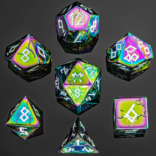 Barbarian Solid Metal Polyhedral Dice Set-Chromatic w/White