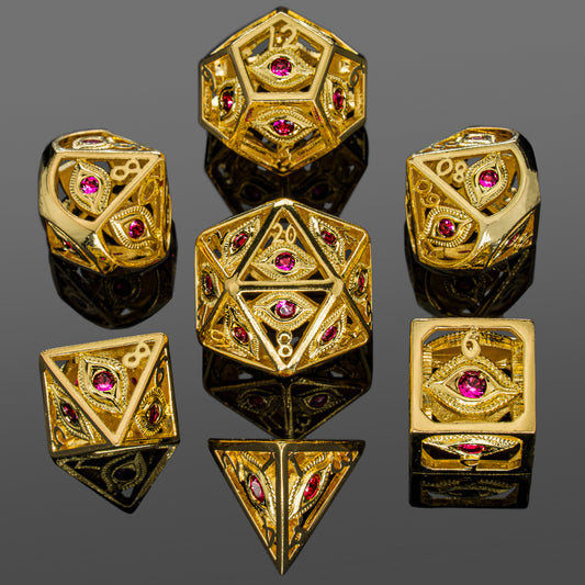 Shiny Gold with Ruby Red Gems Dragon's Eye dice set