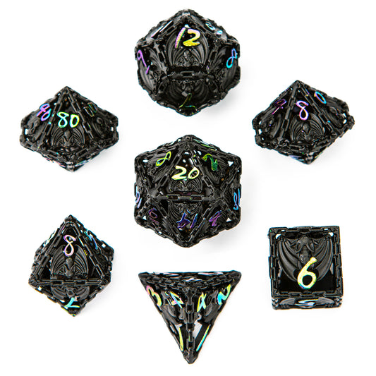 Hollow Metal Bat Polyhedral Dice Set-Black W/Chromatic Rainbow