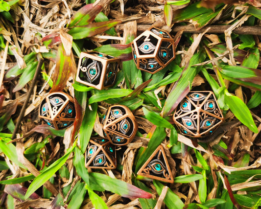 Ancient Copper with Emerald Green Gems Dragon's Eye Hollow Metal Dice set