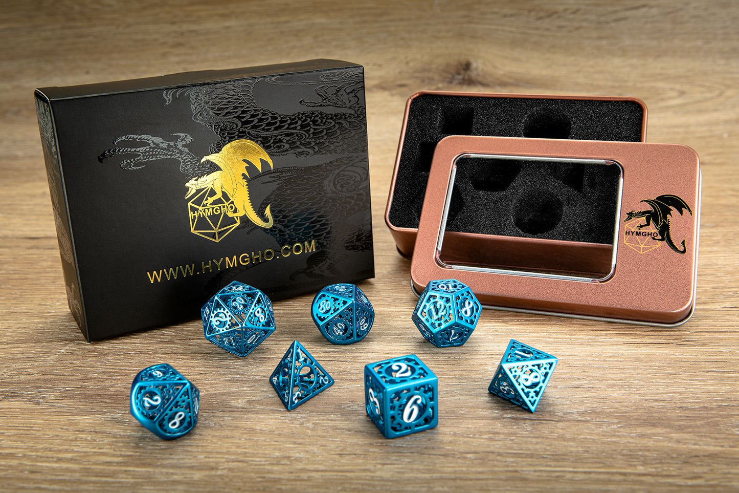 Peacock blue dnd dice set with hollow steampunk gear cage design - HYMGHO Dice