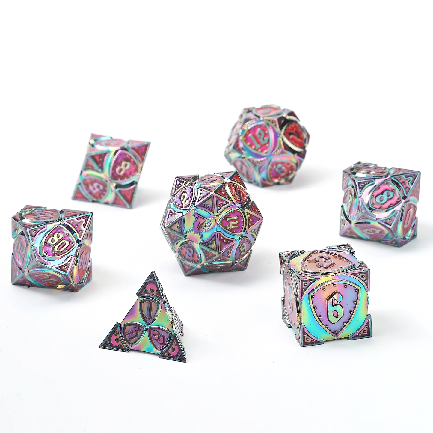 Fighter Solid Metal Polyhedral Dice Set-Rainbow w/UV-reactive Red