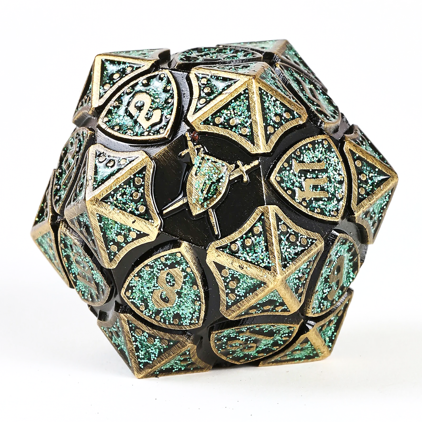 Fighter Solid Metal Polyhedral Dice Set-Ancient Bronze w/Glitter Green