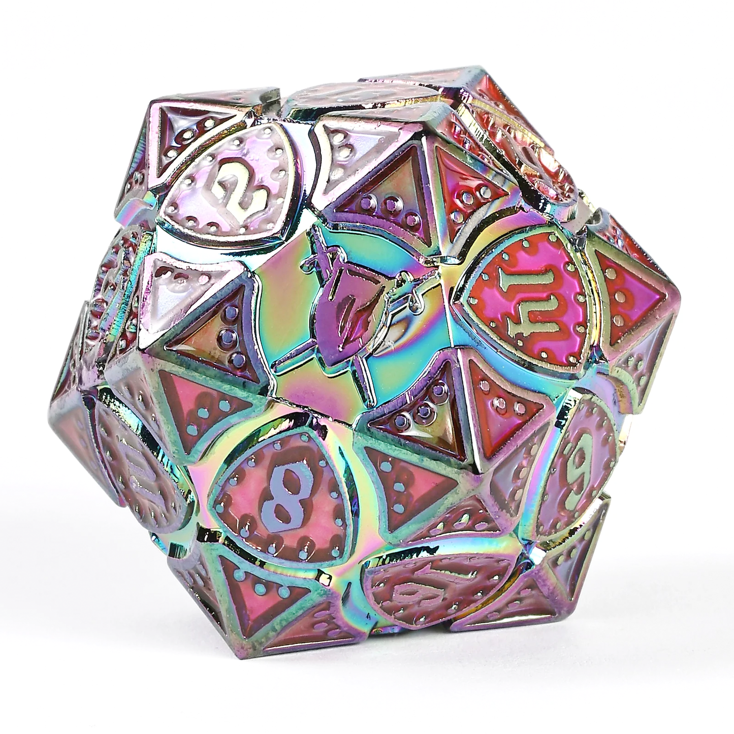 Fighter Solid Metal Polyhedral Dice Set-Rainbow w/UV-reactive Red