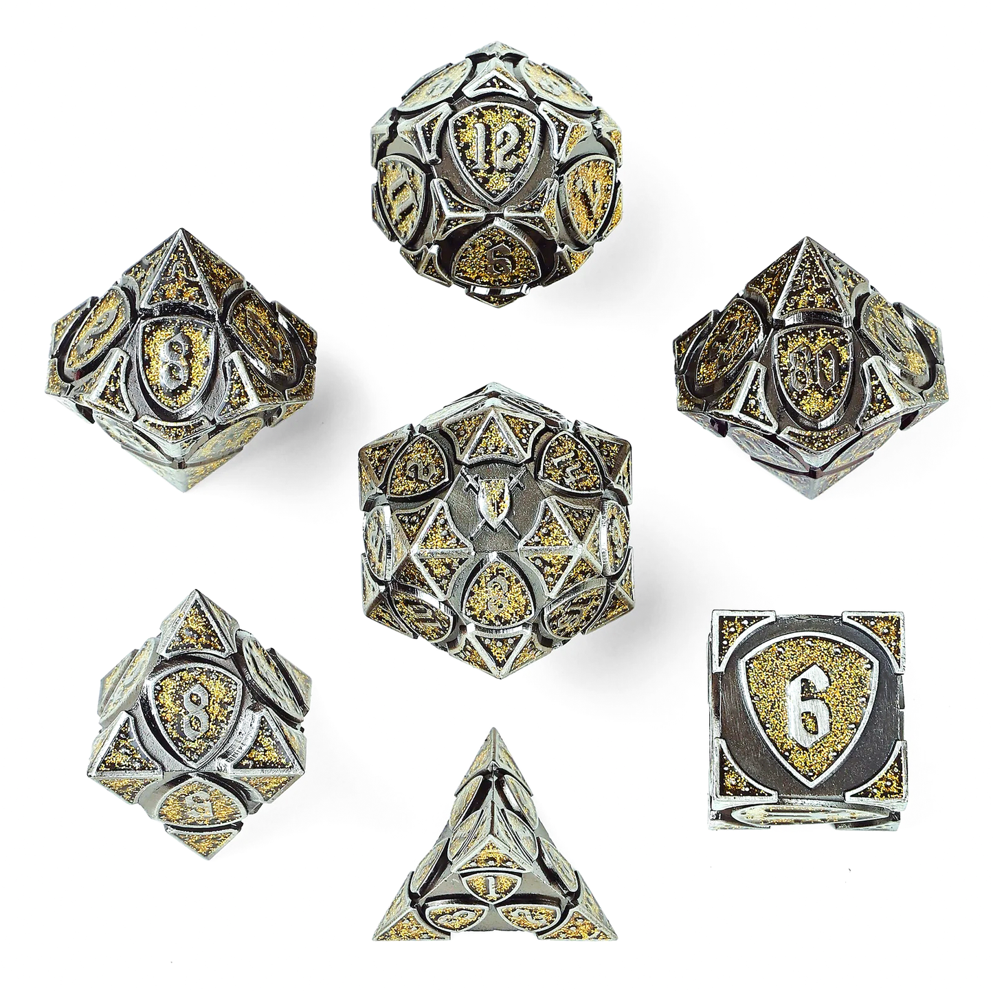 Fighter Solid Metal Polyhedral Dice Set-Ancient Silver w/Glitter Yellow