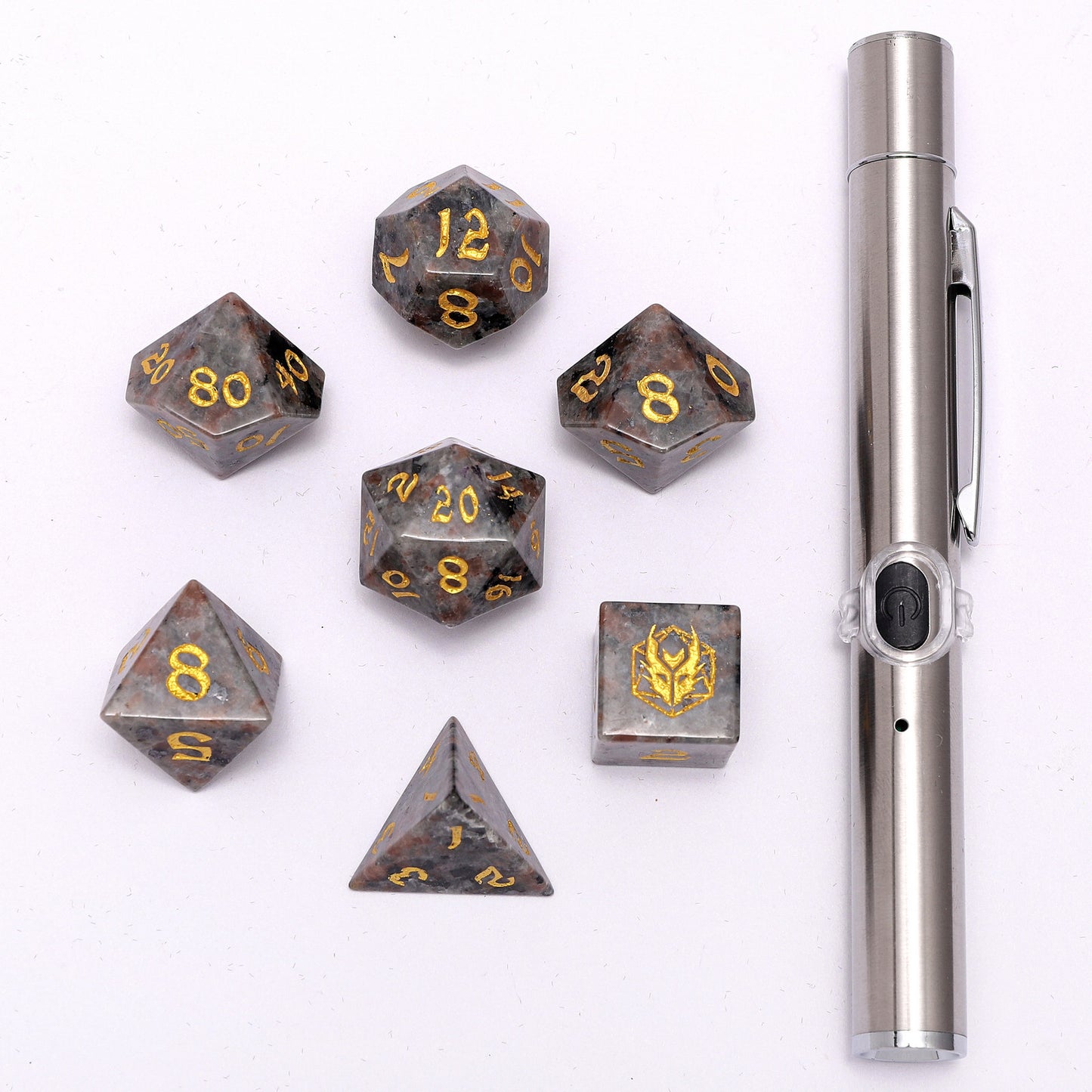 Dragon's Hoard Gemstone Polyhedral Dice Set-Yooperlite with a UV Pen in Gift box