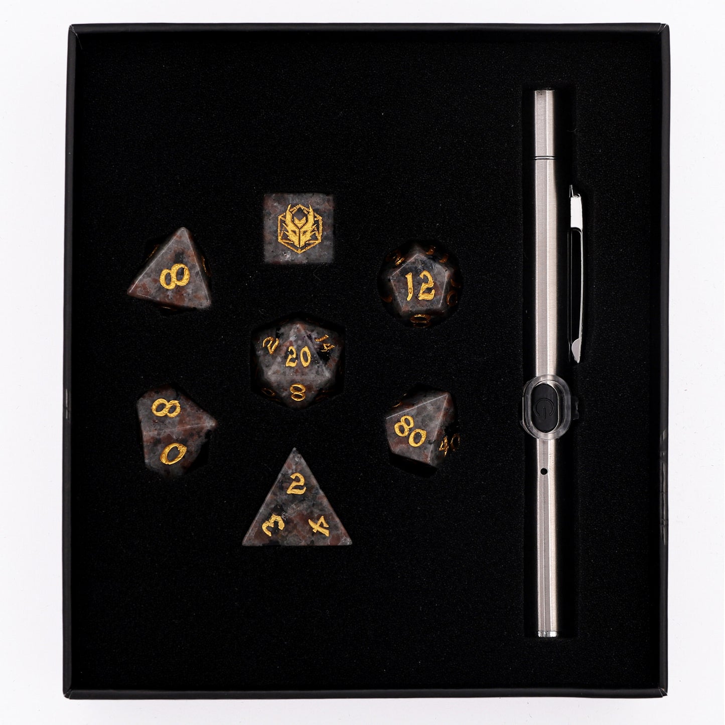 Dragon's Hoard Gemstone Polyhedral Dice Set-Yooperlite with a UV Pen in Gift box