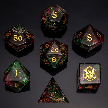 Dragon's Hoard Gemstone Polyhedral Dice Set-Red&Green Two Tone Color Glaze