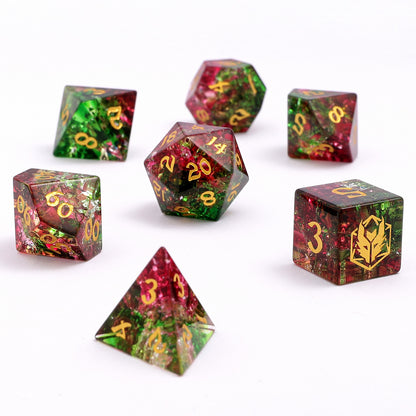 Dragon's Hoard Gemstone Polyhedral Dice Set-Red&Green Two Tone Color Glaze