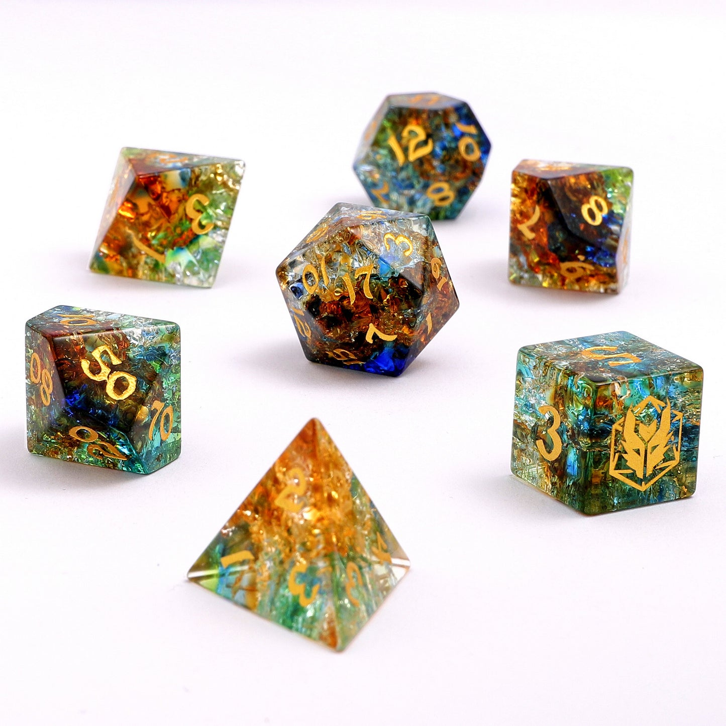 Dragon's Hoard Gemstone Polyhedral Dice Set-Blue&Brown&Green Three Tone Colored Glaze