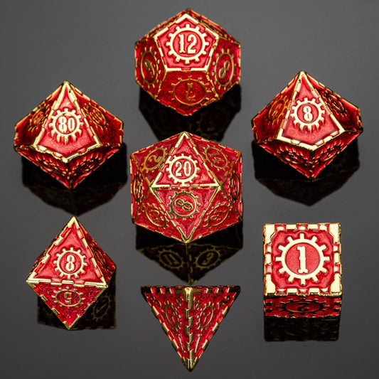 Metal Gears of Fate Dice Set-Gold w/red