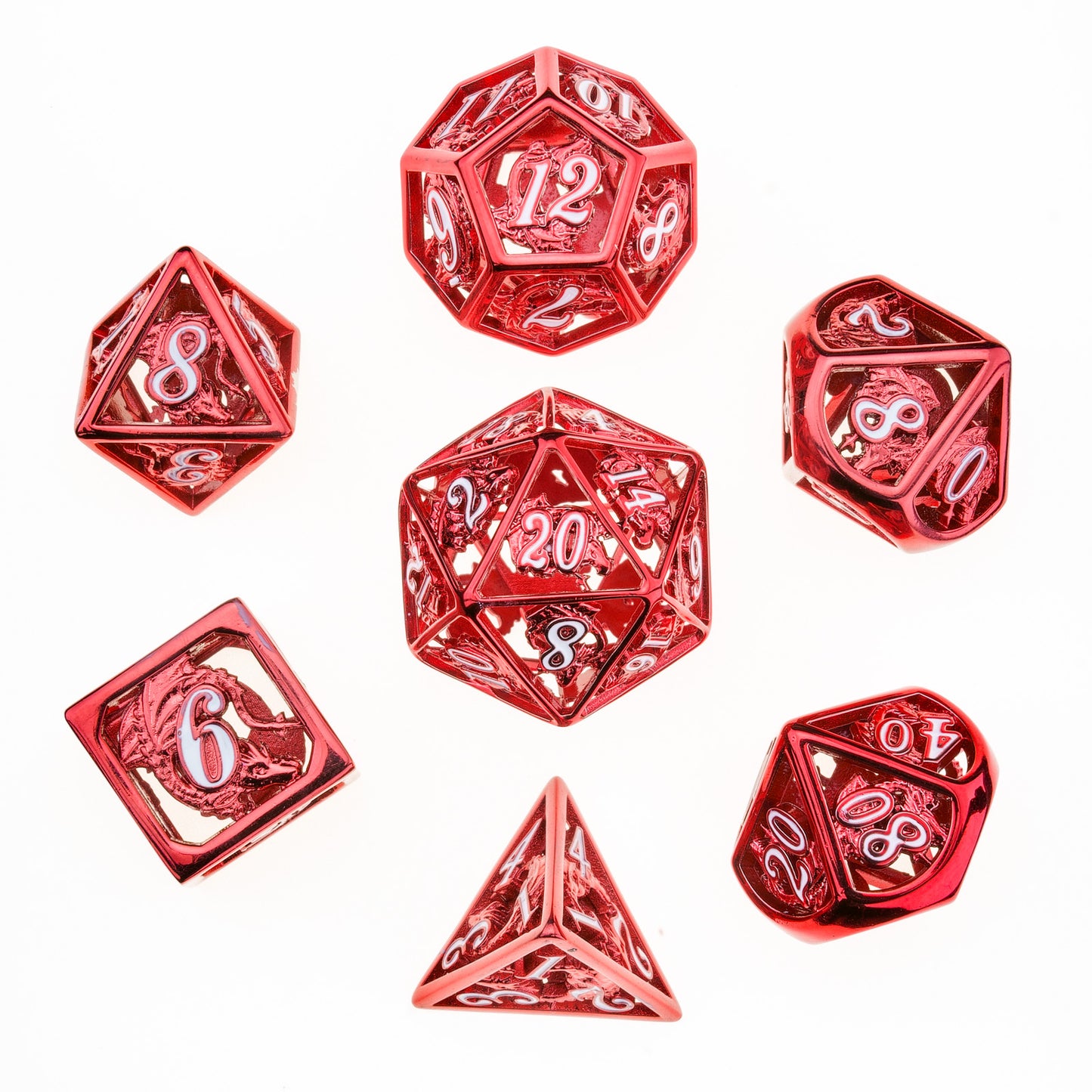 Dragon's Blood Red Hollow Dragon cage Metal Dice Set