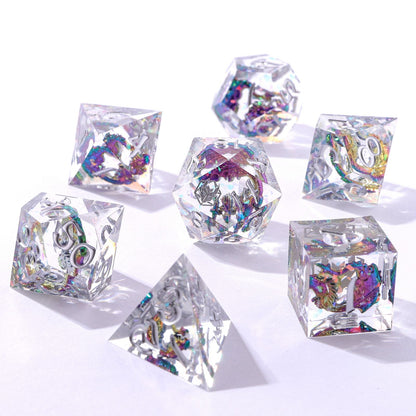 Sharp Edged Dice Set with Metal Chromatic Dragons Inclusion