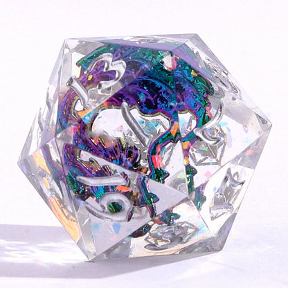 Sharp Edged Dice Set with Metal Chromatic Dragons Inclusion