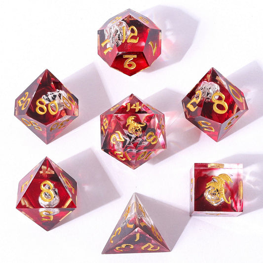 Blood Red Ribbon Sharp Edged Dice Set with Metal Silver Skulls Inclusion