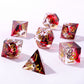 Blood Red Ribbon Sharp Edged Dice Set with Metal Silver Skulls Inclusion