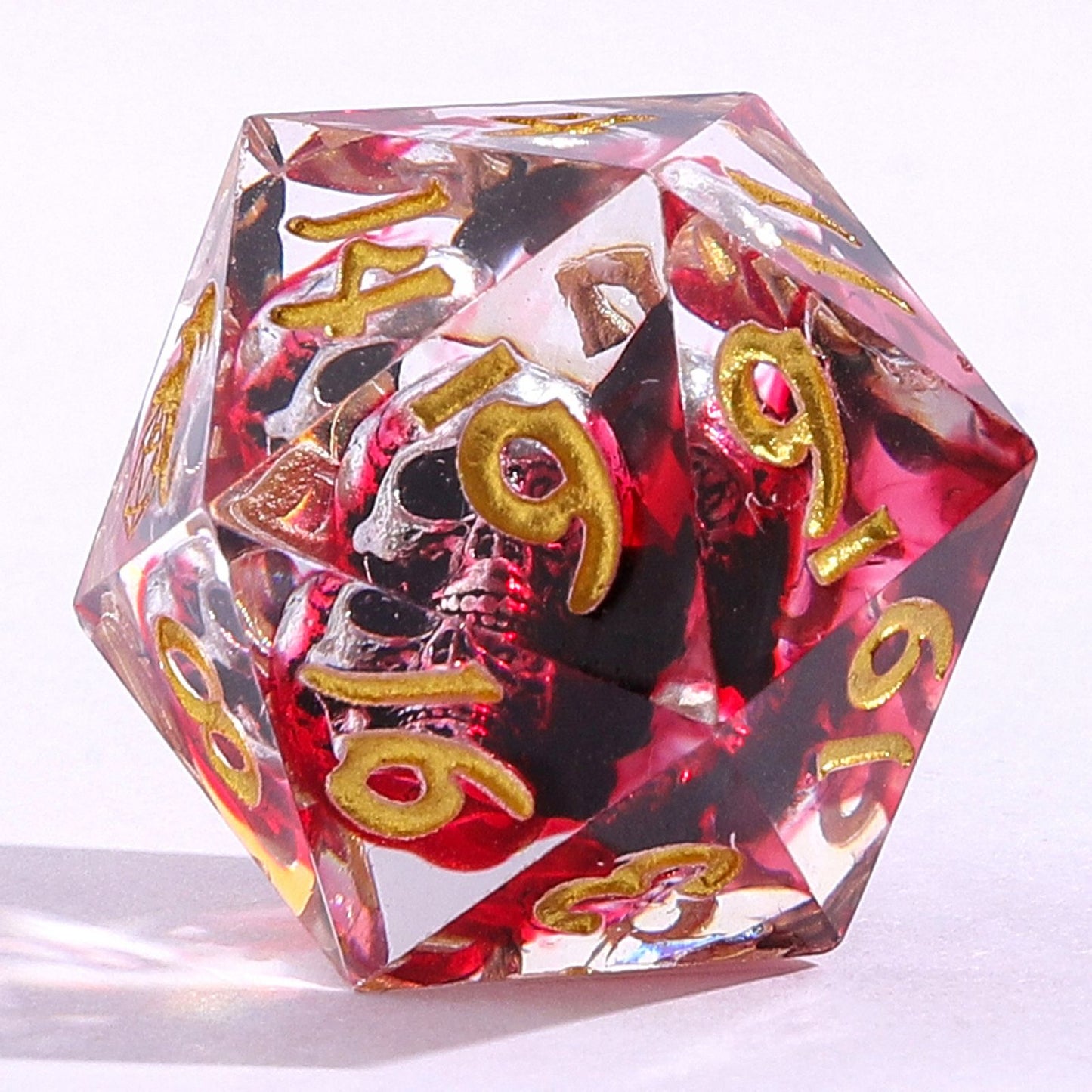 Blood Red Ribbon Sharp Edged Dice Set with Metal Silver Skulls Inclusion