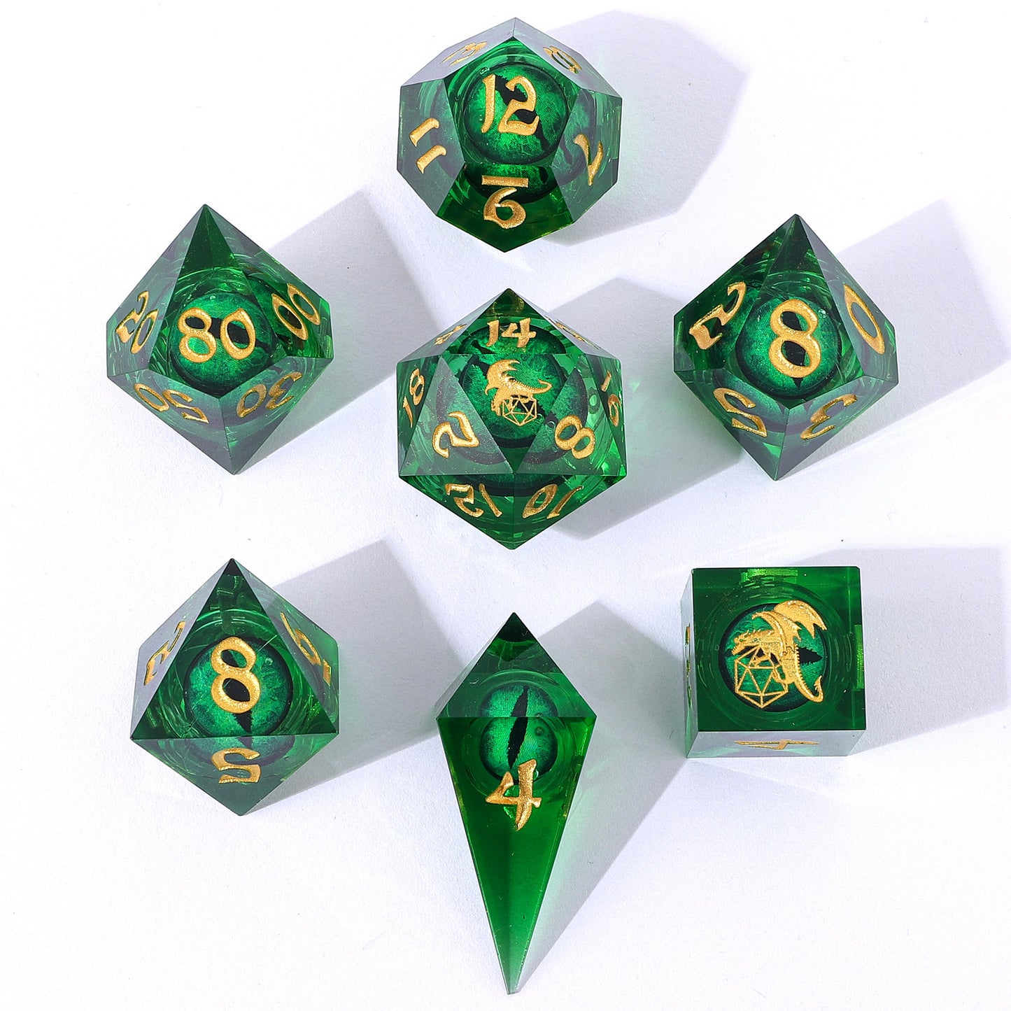 "Always Watching" Dragon's Eye Sharp Edge Resin Dice Set-Green