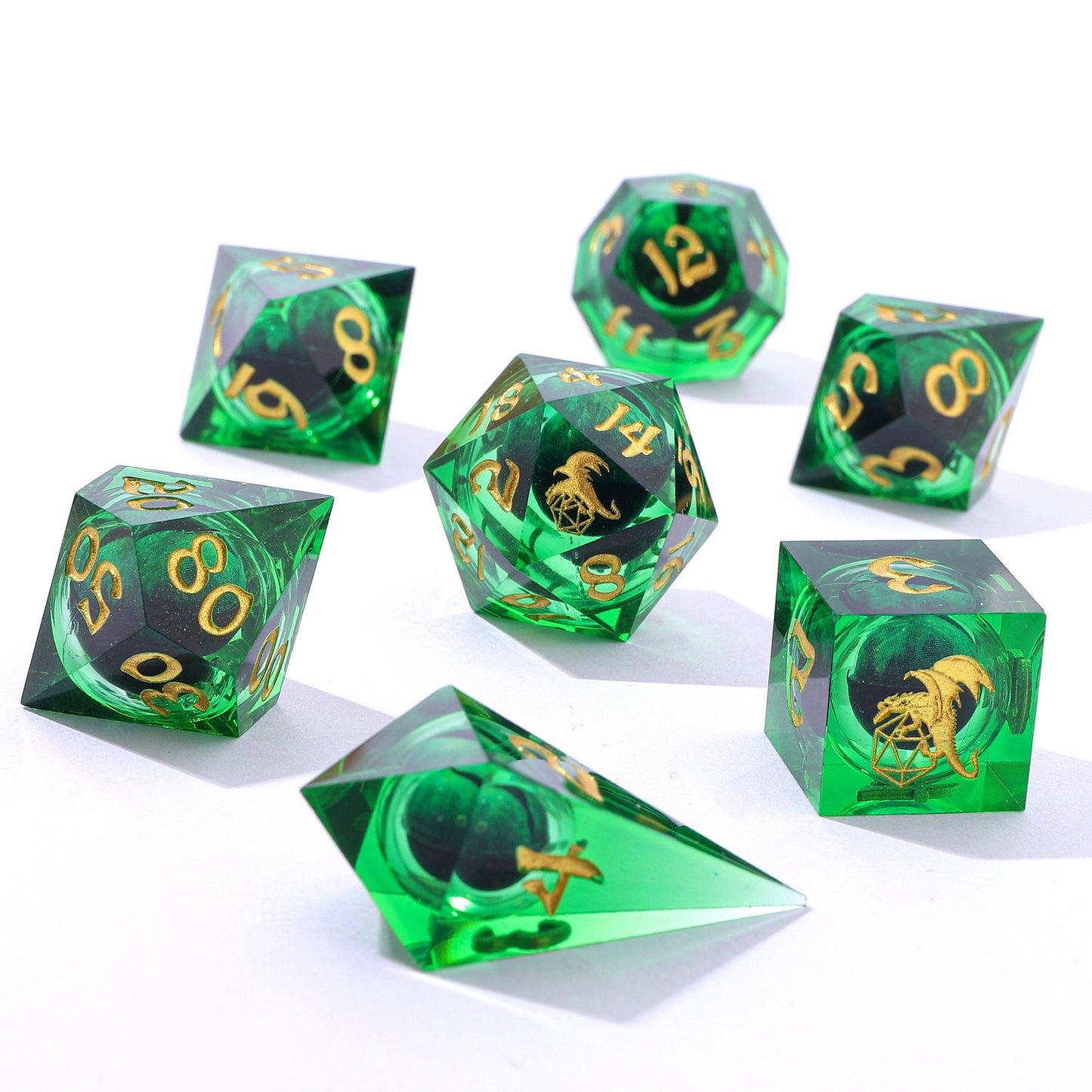 "Always Watching" Dragon's Eye Sharp Edge Resin Dice Set-Green